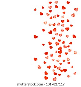 Valentines day card with red glitter hearts. February 14th. Vector confetti for valentines day card template. Grunge hand drawn texture. Love theme for special business offer, banner, flyer.