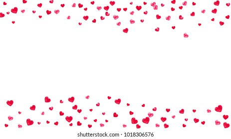 Valentines day card with red glitter hearts. February 14th. Vector confetti for valentines day card template. Grunge hand drawn texture. Love theme for special business offer, banner, flyer.