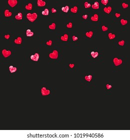 Valentines day card with red glitter hearts. February 14th. Vector confetti for valentines day card template. Grunge hand drawn texture. Love theme for special business offer, banner, flyer.