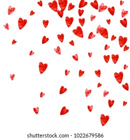 Valentines day card with red glitter hearts. February 14th. Vector confetti for valentines day card template. Grunge hand drawn texture. Love theme for gift coupons, vouchers, ads, events.