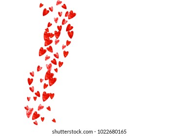 Valentines day card with red glitter hearts. February 14th. Vector confetti for valentines day card template. Grunge hand drawn texture. Love theme for gift coupons, vouchers, ads, events.