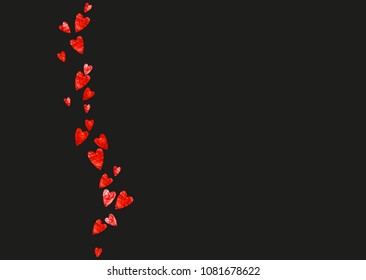 Valentines day card with red glitter hearts. February 14th. Vector confetti for valentines day card template. Grunge hand drawn texture. Love theme for gift coupons, vouchers, ads, events.