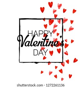 Valentines day card with red glitter hearts. February 14th. Vector confetti for valentines day card template. Grunge hand drawn texture. Love theme for voucher, special business ad, banner.