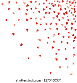 Valentines day card with red glitter hearts. February 14th. Vector confetti for valentines day card template. Grunge hand drawn texture. Love theme for special business offer, banner, flyer.