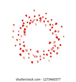 Valentines day card with red glitter hearts. February 14th. Vector confetti for valentines day card template. Grunge hand drawn texture. Love theme for party invite, retail offer and ad.