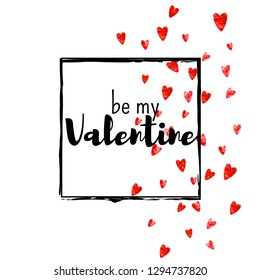 Valentines day card with red glitter hearts. February 14th. Vector confetti for valentines day card template. Grunge hand drawn texture. Love theme for special business offer, banner, flyer.