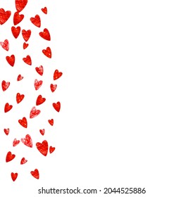 Valentines day card with red glitter hearts. February 14th. Vector confetti for valentines day card template. Grunge hand drawn texture. Love theme for flyer, special business offer, promo.