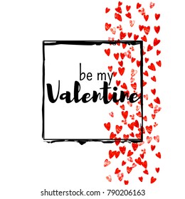 Valentines day card with red glitter hearts. February 14th. Vector confetti for valentines day card template. Grunge hand drawn texture. Love theme for voucher, special business ad, banner.