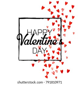 Valentines day card with red glitter hearts. February 14th. Vector confetti for valentines day card template. Grunge hand drawn texture. Love theme for special business offer, banner, flyer.