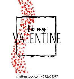 Valentines day card with red glitter hearts. February 14th. Vector confetti for valentines day card template. Grunge hand drawn texture. Love theme for flyer, special business offer, promo.