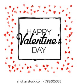 Valentines day card with red glitter hearts. February 14th. Vector confetti for valentines day card template. Grunge hand drawn texture. Love theme for flyer, special business offer, promo.