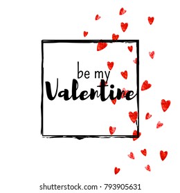 Valentines day card with red glitter hearts. February 14th. Vector confetti for valentines day card template. Grunge hand drawn texture. Love theme for flyer, special business offer, promo.