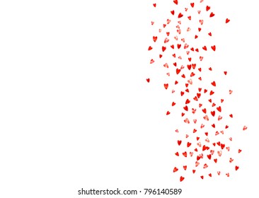 Valentines day card with red glitter hearts. February 14th. Vector confetti for valentines day card template. Grunge hand drawn texture. Love theme for special business offer, banner, flyer.