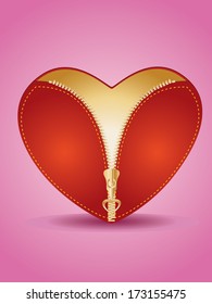 Valentines Day card with red heart and golden zipper on pink background.
