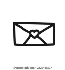 Valentines Day card with red heart and envelope. Vector doodle icon for concepts of romance, love, giving, offer, gifts