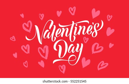 Valentines Day card with red heart pattern calligraphy text for greeting card with white font on pink background. Valentines day 14 February love vector congratulation design