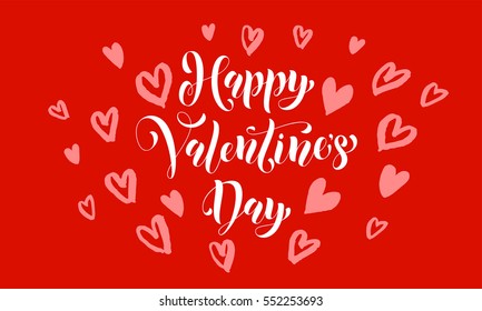 Valentines Day card with red heart pattern calligraphy text for greeting card with white font on pink background. Valentines day 14 February love vector congratulation design