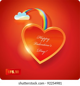 Valentines Day card. Red Heart with cloud and rainbow. Eps10. 3d.