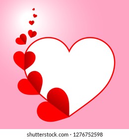 Valentine's Day card. Red hearts floating over one big white heart with pink gradient background. Concept of love, commitment, celebration, being a couple.