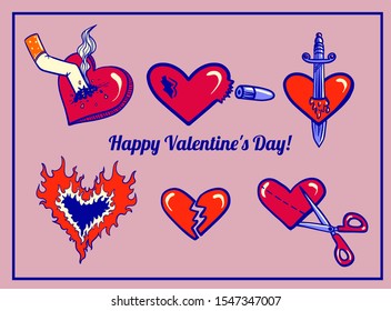 Valentine's day card with red hearts, broken heart set