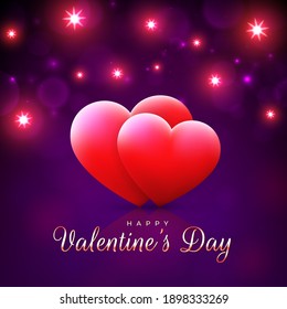 Valentine's day card, red hearts on magenta, purple background with bright lights. Happy valentine day banner. Invitation valentines card with hearts. Love. Decorative design. Vector illustration