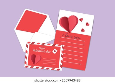 Valentine's Day card with red hearts, romantic text, and a white envelope featuring a red liner on purple.