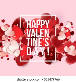 Valentines Day card with red hearts with text. Vector illustration