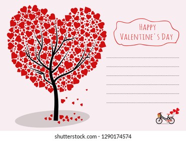 Valentine's day card ,Red heart-shaped trees and bicycles with balloons tied behind