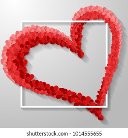 Valentines day card with red paper in shape hearts