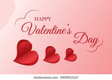 Valentine's Day card with red paper elements in the shape of a heart flying on a pink background