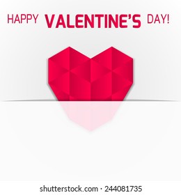 Valentines day card with red paper heart. Vector illustration.