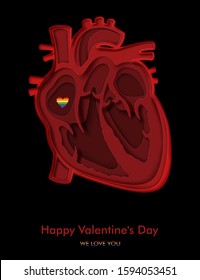 Valentine's day card with red papercut heart and LGBT flag on black background