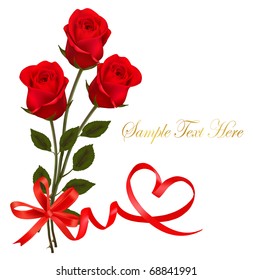 Valentine`s day card. Red roses and gift red bow. Vector.