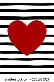 Valentines Day card. Red symmetric heart on black and white striped background. Sign of love, romance, feelings, relationships. Copy space. Vector illustration for weddings, prints, congratulations
