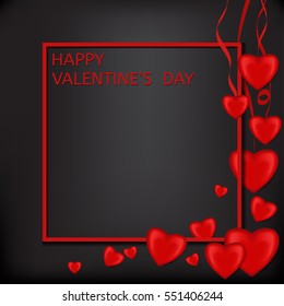 Valentine's Day card Red volumetric heart on a black background with frame.