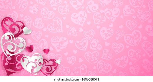 Valentine's day card with red and white hearts with curls and shadows on pink background
