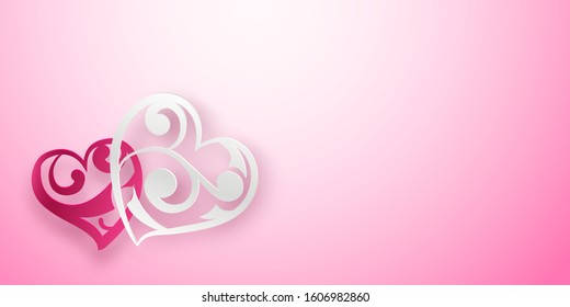 Valentine's day card with red and white hearts with curls and shadows on pink background