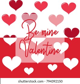 Valentine's day card with red and white hearts floating and with red letters and white background