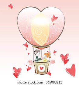 Valentine's Day card representing a boy gift to his girlfriend. Hot air balloon and hearts. Vector