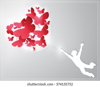 Valentine's Day Card representing a boy guided by butterflies love feelings. Vector