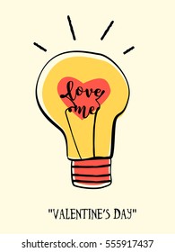 Valentine's day card in retro style. Hand-drawn lamp with heart and lettering.
