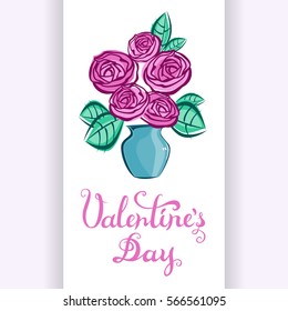 Valentines Day card. Retro style clip art with bouquet of roses in blue vase. Hand drawn celebration lettering. Abstract flowers and calligraphy handwritten greeting phrase. Vector illustration.