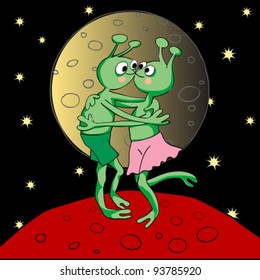 Valentine's Day card with romantic aliens in love on the planet Mars under golden moon