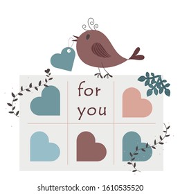 Valentines day card. Romantic bird couple. 
Elements for post cards, gift. Contains bird, twig, hearts, text, decorative elements. Flat design, hand-drawn, vector illustrati