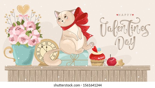 Valentine's day card. Romantic cat with festive elements. Hand lettering. Vector illustration.