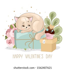 Valentine's day card. Romantic cat with festive elements. Hand lettering. Vector illustration.