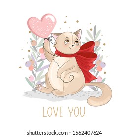 Valentine's day card. Romantic cat with festive elements. Hand lettering. Vector illustration.