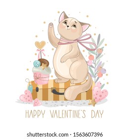 Valentine's day card. Romantic cat with festive elements. Hand lettering. Vector illustration.