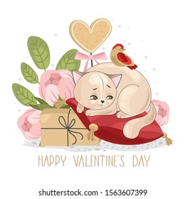 Valentine's day card. Romantic cat with festive elements. Hand lettering. Vector illustration.