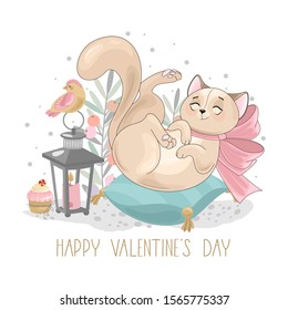 Valentine's day card. Romantic cat with festive elements. Hand lettering. Vector illustration.